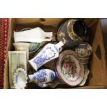 A box of mixed ceramics to include blue and white, hand panted plates,