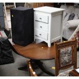 A reproduction mahogany drop leaf table raised on downswept legs and sold together with 2 bedside