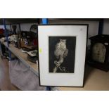 A framed and mounted owl etching entitled "The Night Watchman"