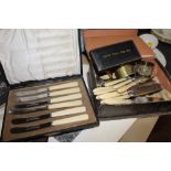 A box of silver plate, to include bone handled knives, sugar tongs and ladle,