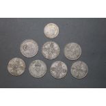 8 UK pre decimal coins - 5 florins, two 2 shillings coins,