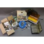 A collection of tackle boxes, wax hats, Bruce & Walker Devon minnows, various hooks etc.