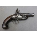 * A flintlock pocket pistol, with cannon shaped 1 1/2" screw off barrel. Overall length 16 cm.