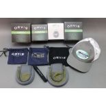 Orvis five reel pouches, together with four empty reel boxes, cap etc.