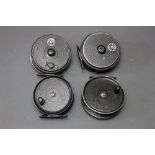 Four trout fly reels, J.W. Young & Sons Condex 3 1/2", together with Beaudex and another.