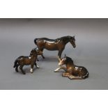 Beswick three brown horses, to include Shetland foal,