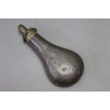 A steel bodied powder flask, stamped to the neck Patent. Length 21 cm.
