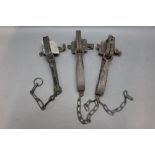 * Three gin traps, one stamped Advance XX, 26-28 cm.