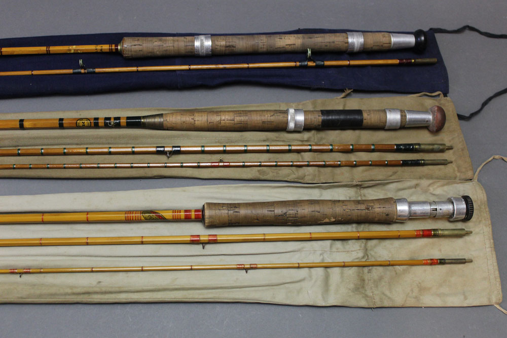 Three split cane rods, a Forshaws of Liverpool Palace spinning rod, in two sections, 7',