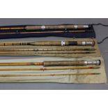 Three split cane rods, a Forshaws of Liverpool Palace spinning rod, in two sections, 7',
