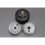 Hardy The Viscount 150 Mk 2 trout fly reel with spare spool and leatherette pouch.