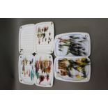 Three Orvis fly boxes, containing salmon flies.