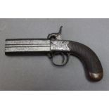 * An over/under percussion pocket pistol, with 3 1/2" barrels. Overall length 19 cm.