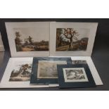Six engravings, parts 1-4 of stag hunting, horse racing etc.