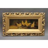 A Jackson, an oil painting on board of four chickens, 10 x 39 cm, in an ornate gilt frame.