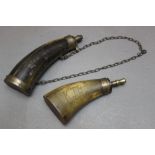 * Two horn powder flasks, one with hanging chain 20 cm and another marked KJB, 17 cm.