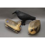 Two plastic duck decoys and a crow decoy.