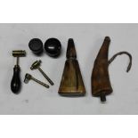 Antique shot measure by James Dixon, horn powder flasks, percussion nipples etc.