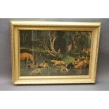 A pair of stag hunting lithographs, 45 x 68 cm in gilt frames.