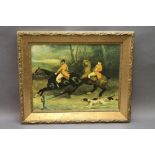 A print of a foxhunting scene, 37 x 48 cm in an ornate gilt frame.
