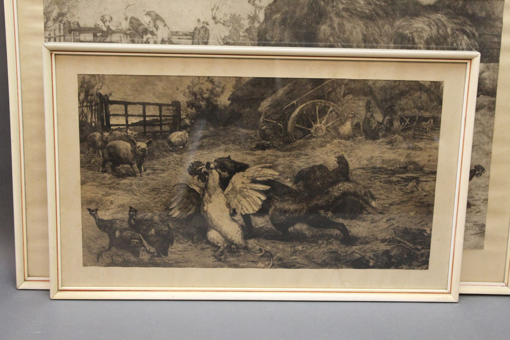 Alfred William Strutt, two engravings depicting fox in farmyard. 29 x 51 cm and 22 x 40 cm. - Image 2 of 2