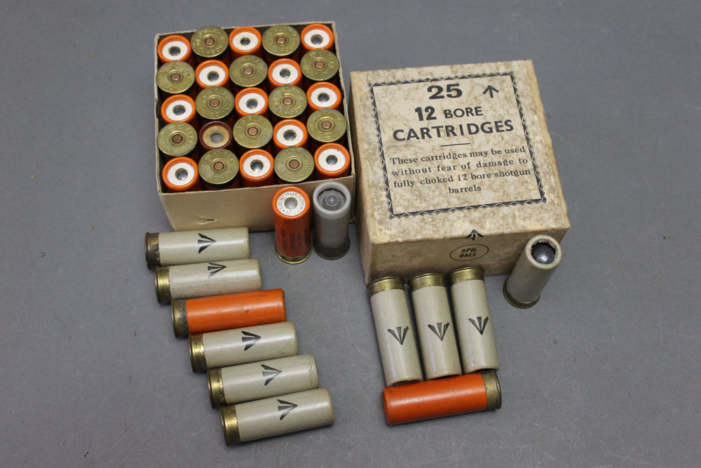* Thirty eight 12 bore slugs, to include Eley Destructor ball, various military cartridges etc.