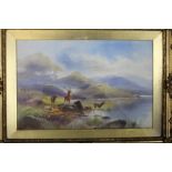 N.B. James circa 1900 an oil on board, depicting red stag hind in a Highland landscape by a loch.