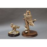 Border Fine Arts two owl figures, short eared owl model No. RB29 and long eared owl model No. RB20.