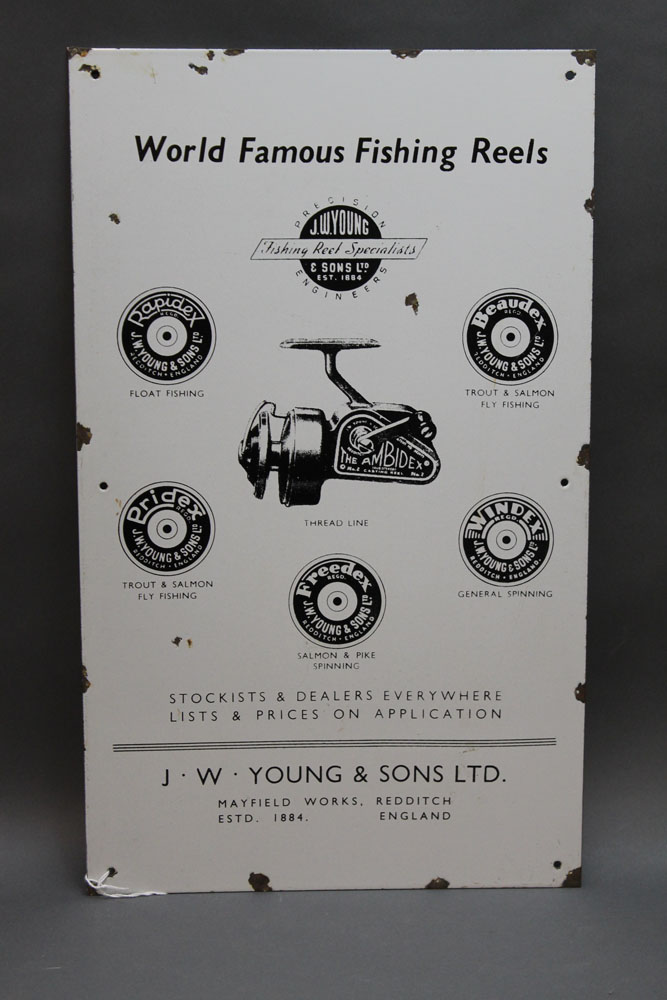 A reproduction J.W. Young & Sons enamelled sign, featuring an Ambidex fixed spool reel.