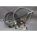 Two landing nets, together with a Mitchell 499 reel, a Shakespeare Firebird 070 reel,