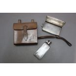* James Dixon & Sons, a sandwich tin and flask with leather pouch.