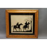 A late 19th century fox hunting silhouette. 34 x 39 cm in a birds eye maple frame.