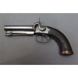 * A double barrelled overcoat pistol, percussion with 4" barrels, with articulated ramrod,