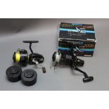 A Shimano Aero GT 3000, together with a Mitchell 300 fixed spool reel with two spare spools.