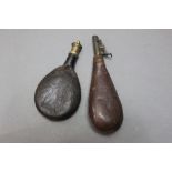* Two leather bodied shot flasks, 18 cm and 22 cm.
