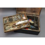 A Victorian pine fishing tackle box, filled with various pieces of tackle, to include quill floats,