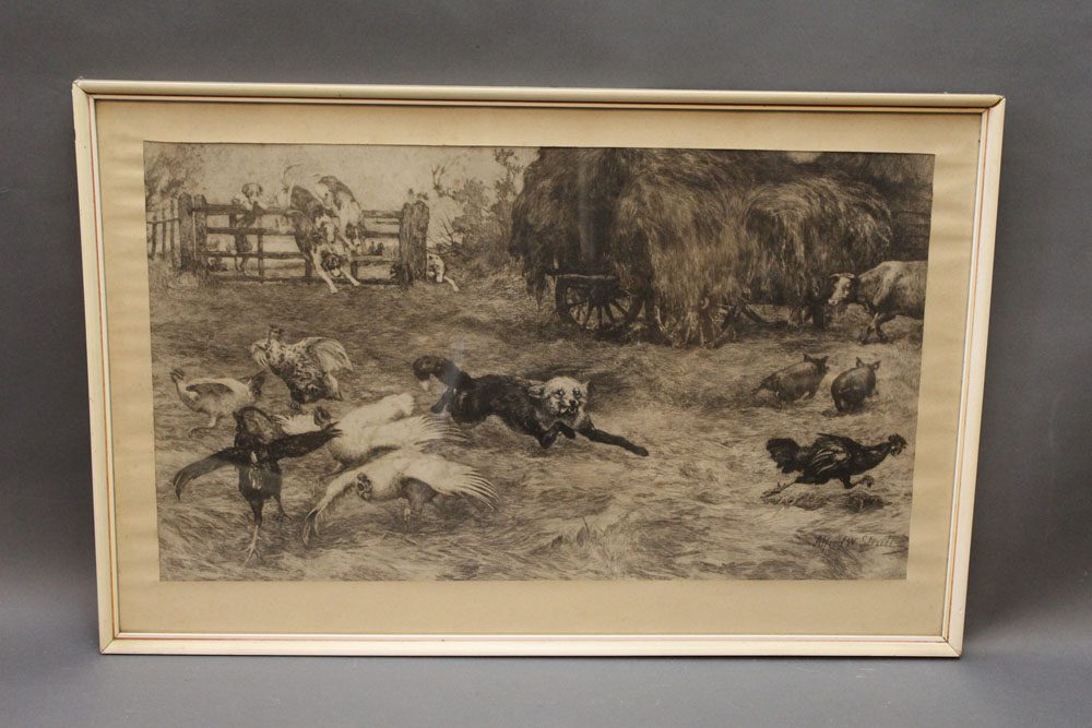Alfred William Strutt, two engravings depicting fox in farmyard. 29 x 51 cm and 22 x 40 cm.
