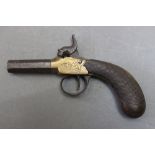 * A percussion pocket pistol, with 1 3/4" hexagonal steel barrel, with dolphin engraved hammer,