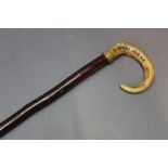 A walking stick with rams horn handle. Height 124 cm.