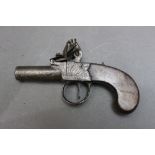 * Clark London a flintlock pocket pistol, with 1 1/2" screw off barrel. Overall length 15 cm.