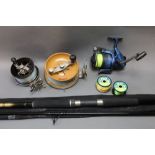 Two Alvey sea reels, together with a Quick BC280 fixed spool reel,