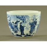 A Chinese blue and white porcelain jardiniere, decorated with figures and horses in landscape,