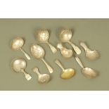 Ten George III and later silver caddy spoons by John Thropp or Joseph Taylor,