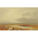 Charles Edward Brittan (1847-1921), a watercolour moorland scene in the mist with sheep.