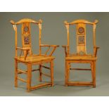 A pair of 19th century Chinese elm open arm "Throne" chairs,