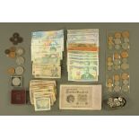 A quantity of coins, banknotes, Victorian crowns etc.