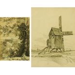 A 19th century pencil drawing of a windmill, together with a drawing of Eton college.