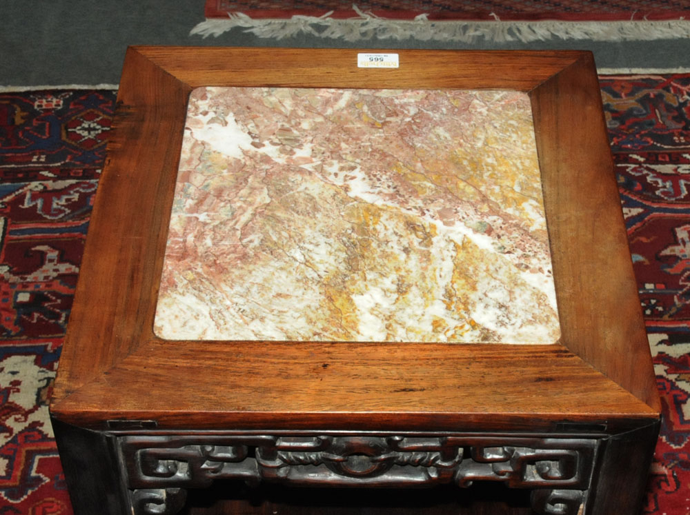 A Chinese hardwood rouge marble topped jardiniere stand with shelf. - Image 4 of 8