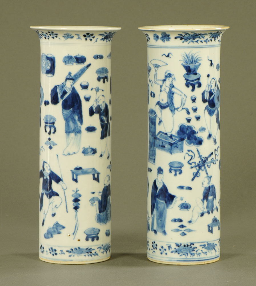 A pair of Chinese blue and white cylindrical vases, each with four character mark to base.