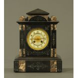 A Victorian black slate and marble panelled mantle clock by R Sutton Paris,